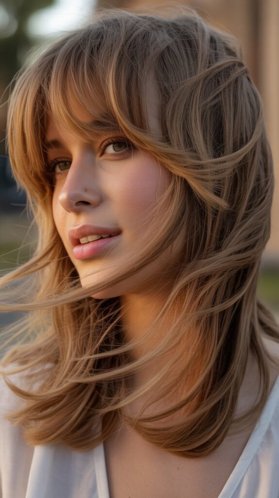 Tousled Layers with Long Bangs for Relaxed Romance