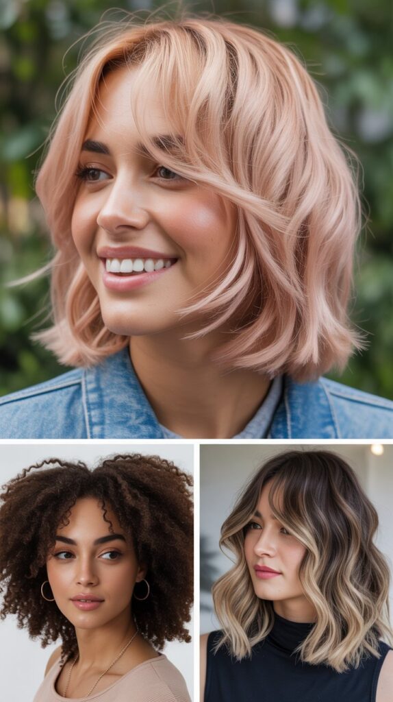 Champagne Rose Blonde Lob with Sweeping Side Bangs