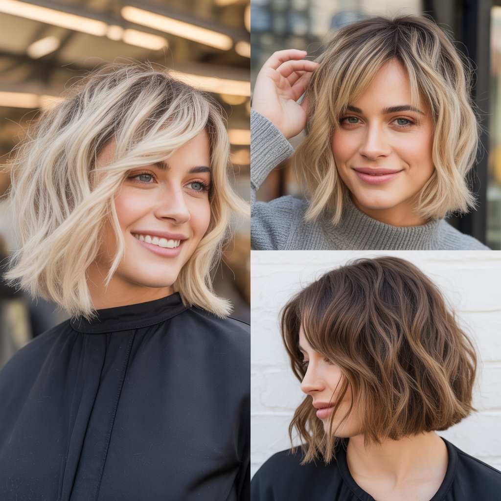  Choppy Blonde Lob with Angled Side Bangs