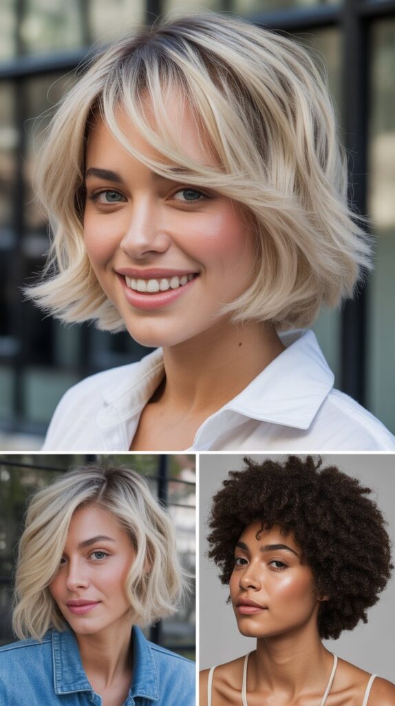 Creamy Blonde Textured Bob with Side Swept Fringe