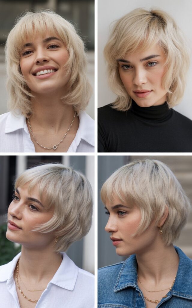 Pearl Blonde Midi Cut with Diagonal Side Bangs