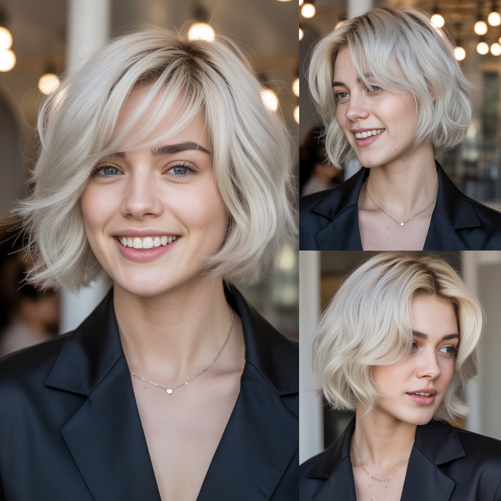 Platinum Blonde Midi Cut with Side Swept Fringe