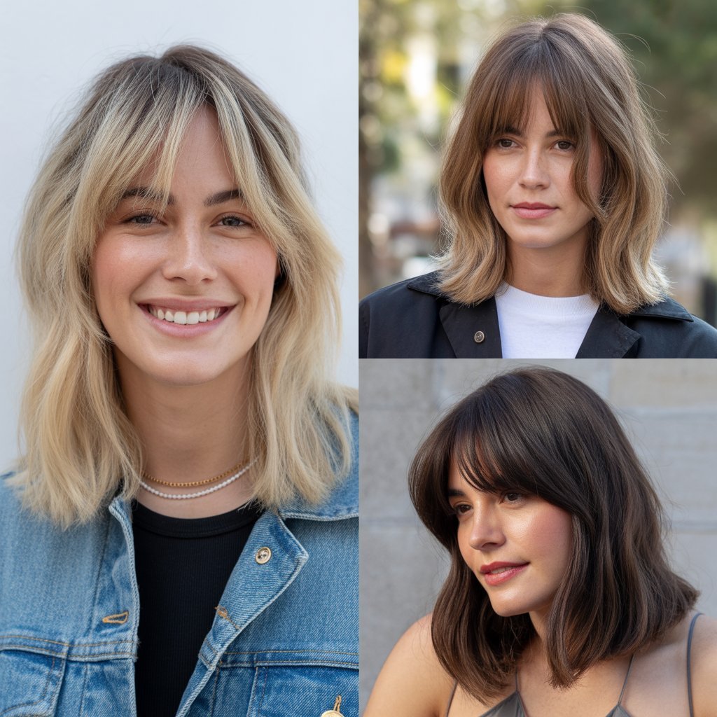 Straight Blonde Lob with Feathered Curtain Bangs