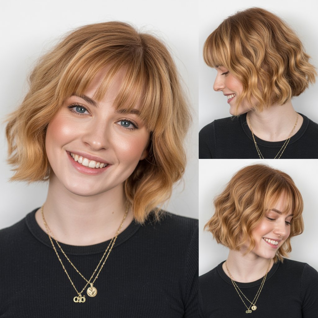 Strawberry Blonde Lob with Asymmetrical Side Bangs