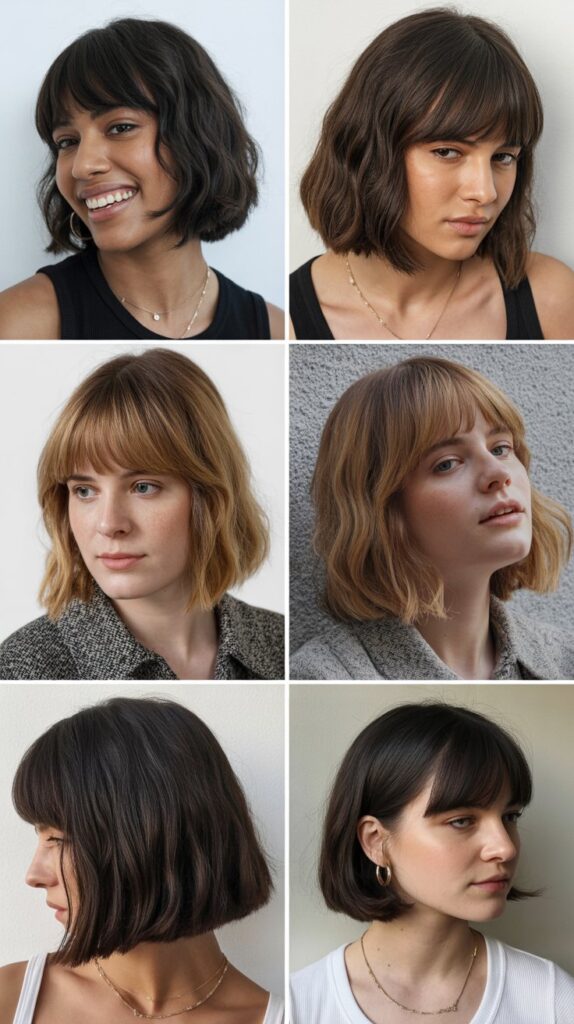 27 Best Medium Haircuts With Bangs That Instantly Transform Your Look 7 Classic Medium Bob with Straight-Across Bangs