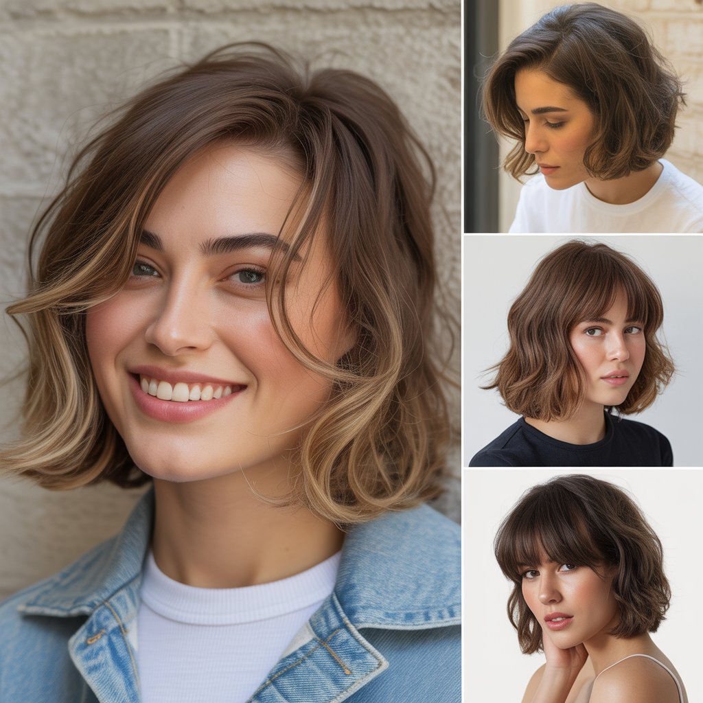 Layered Bob with Curtain Bangs Swept to Side
