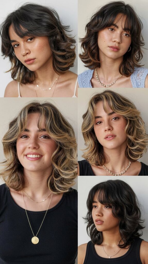 30 Stunning Medium Haircuts With Bangs for Thin Hair That Add Fullness 29 Layered Shoulder Cut with Wispy Curtain Bangs