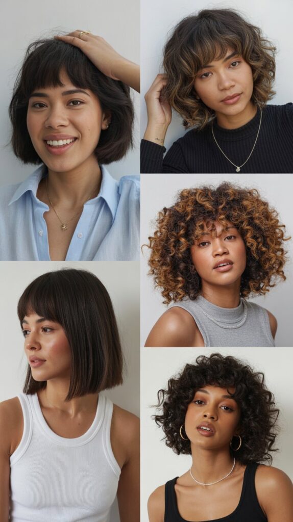 27 Best Medium Haircuts With Bangs That Instantly Transform Your Look 27 Modern Midi Bob with Textured Bangs
