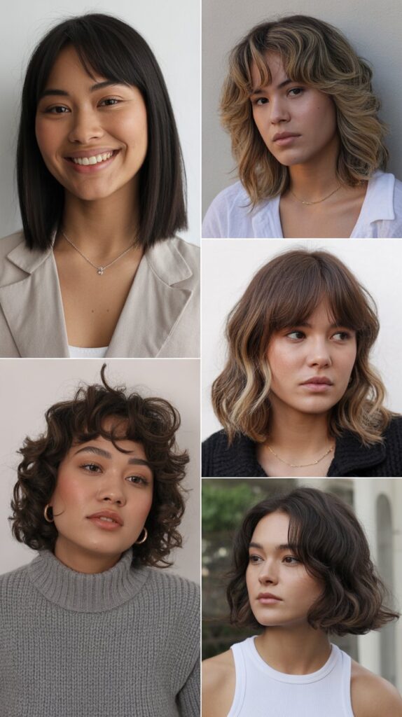27 Best Medium Haircuts With Bangs That Instantly Transform Your Look 24 Straight Shoulder Cut with Piece-y Curtain Bangs