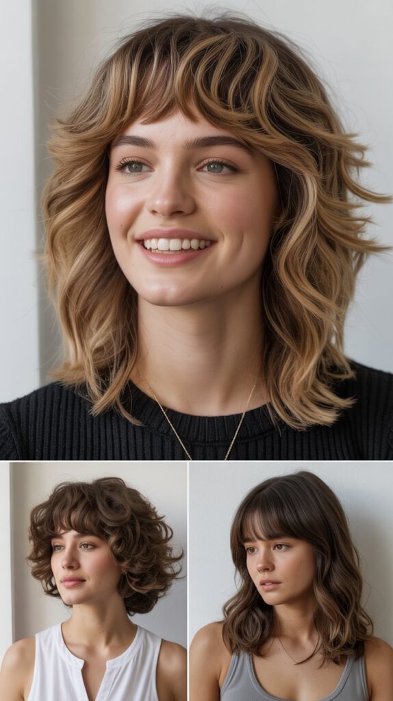 27 Best Medium Haircuts With Bangs That Instantly Transform Your Look 26 Tousled Collarbone Waves with Wispy Fringe