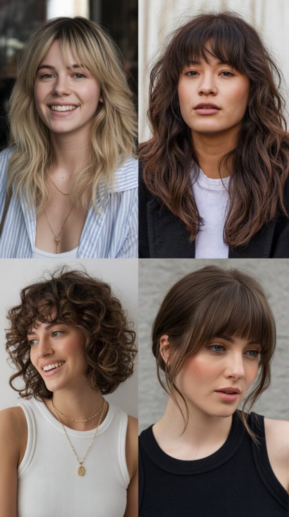 27 Best Medium Haircuts With Bangs That Instantly Transform Your Look 12 Tousled Midi Length with Brow-Skimming Bangs