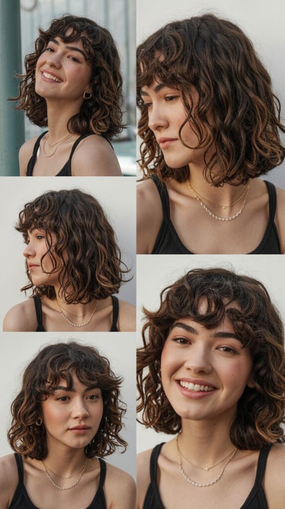 30 Stunning Medium Haircuts With Bangs for Thin Hair That Add Fullness 8 Wavy Shoulder-Length Cut with Curved Bangs