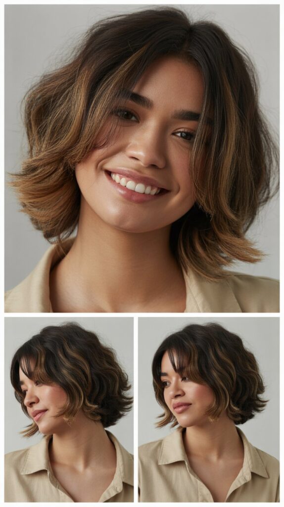 Layered Cut with Deep Side Part and Long Angled Bangs
