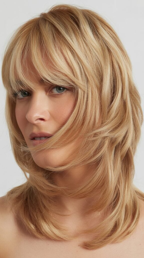 Choppy Blonde Layers with Curtain Bangs
