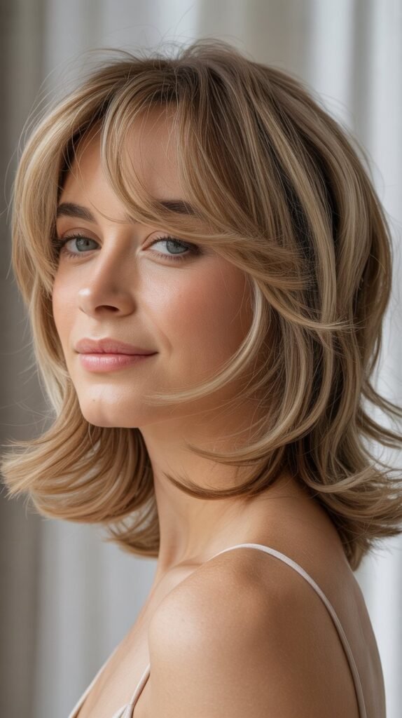 Shoulder-Length Shag With Brow-Skimming Bangs