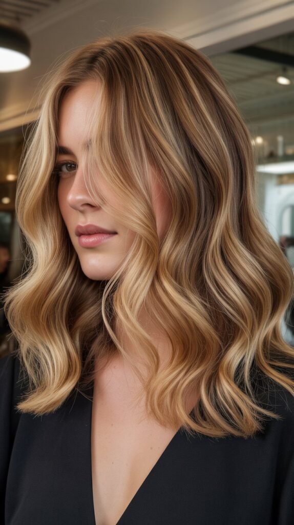 Wavy Golden Lob with Balayage Highlights