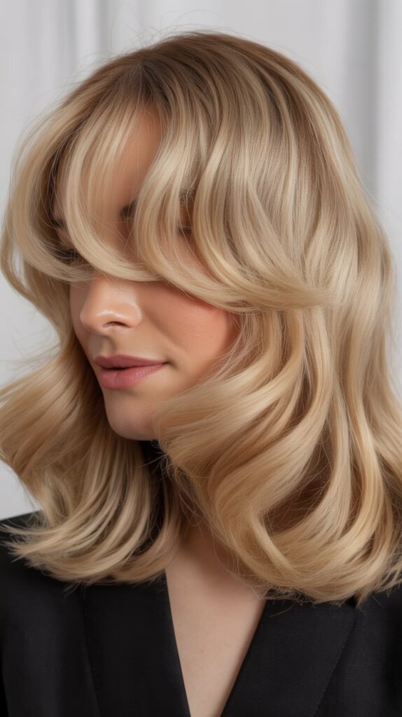 Textured Curtain Bangs with Sandy Beige Blonde