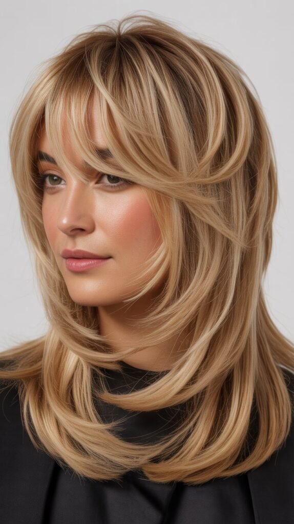 Choppy Bangs with Toasted Almond Blonde Razor-Cut Layers