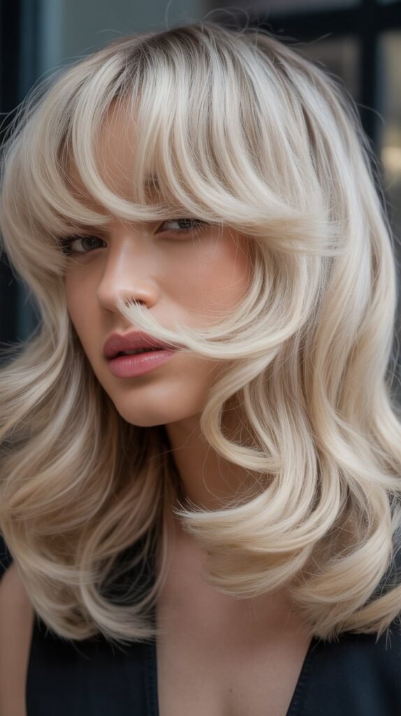 Wispy Curtain Bangs with Platinum Blonde Layers