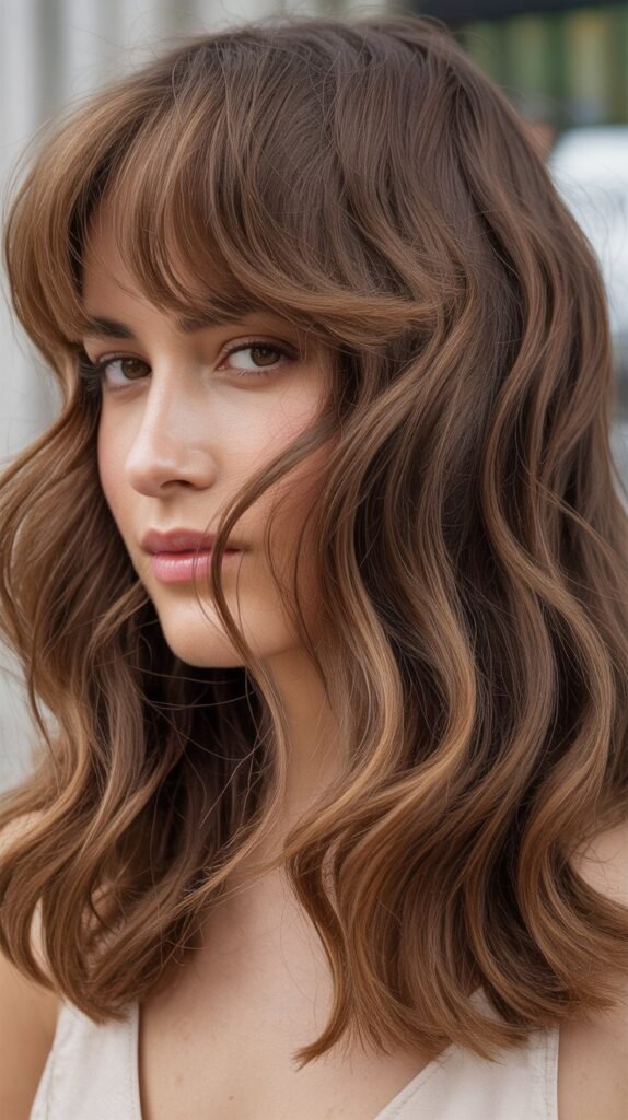 Medium Textured Waves With Choppy Curtain Bangs