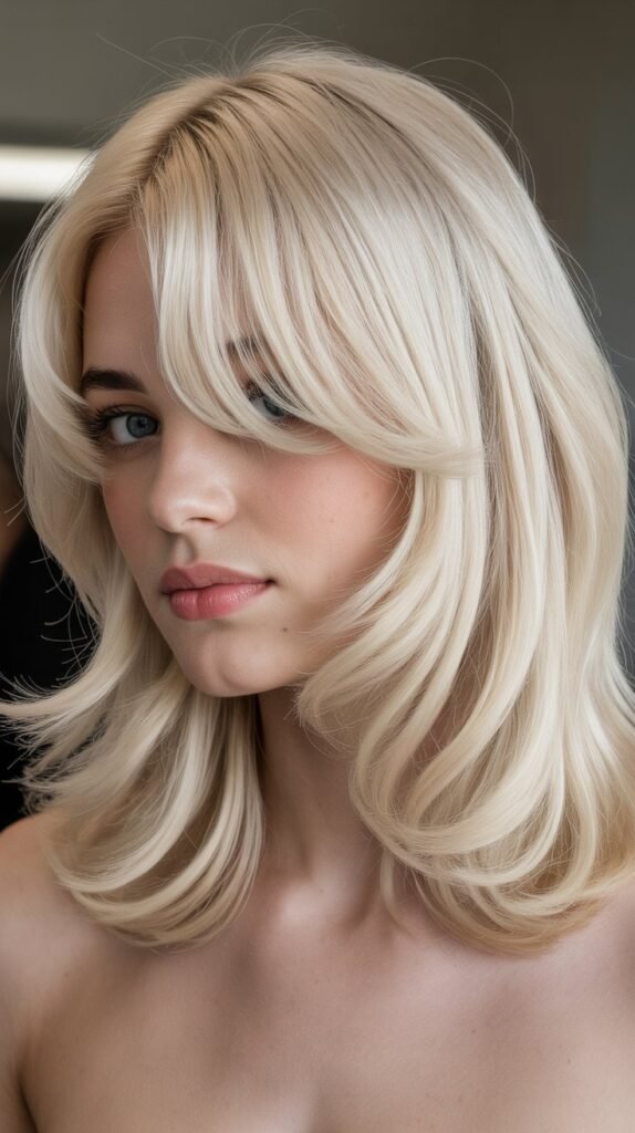 Platinum Blonde Medium Length with Curtain Bangs