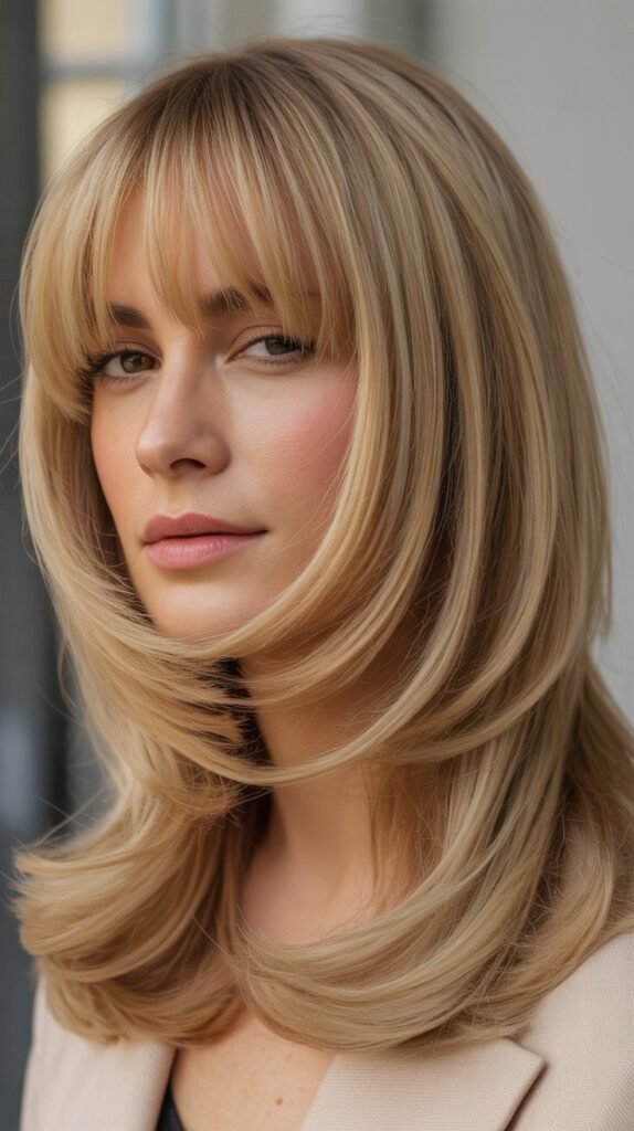 Full Bangs with Wheat Blonde Stacked Layers