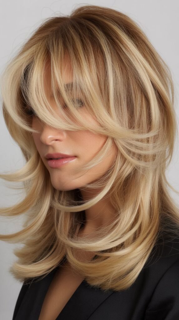 Wispy Side-Swept Bangs with Butter Blonde Highlights