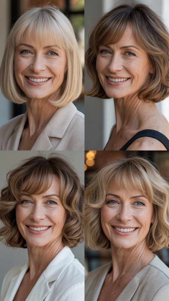 34 Short Bob Hairstyles with Bangs for Women Over 50 That Soften Features 10 Collarbone-Length Bob with Brow-Skimming Bangs
