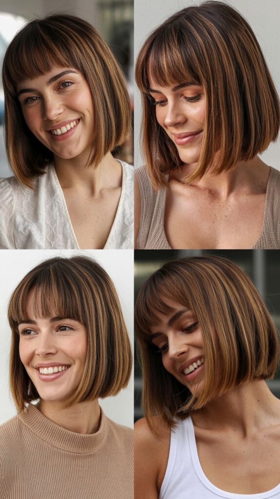 36 Easy-Styling Bob Haircuts With Long Bangs for Busy Days 11 Blunt Bob With Curtain Bang Variation