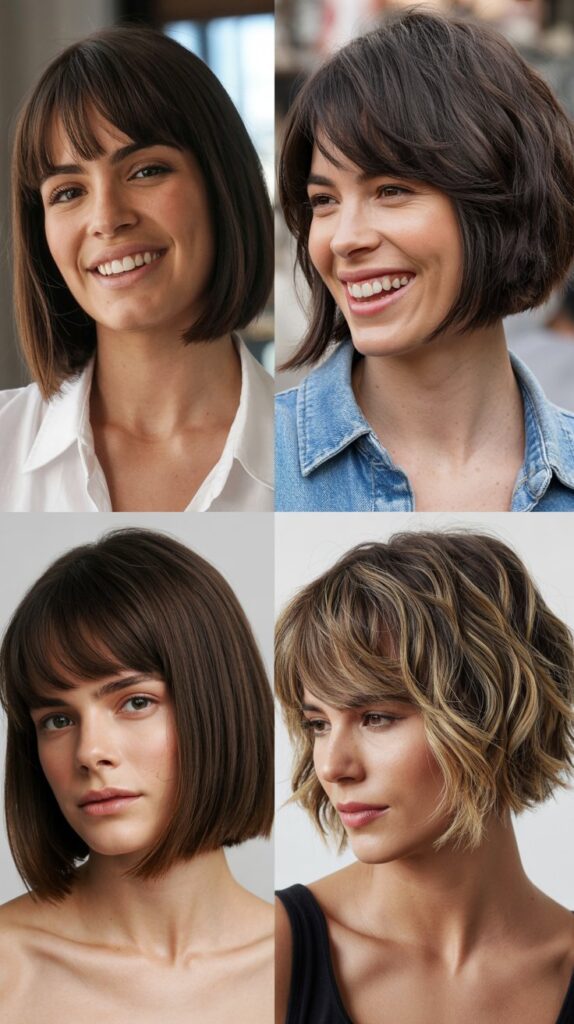36 Easy-Styling Bob Haircuts With Long Bangs for Busy Days 14 Rounded Bob With Center-Parted Long Bangs