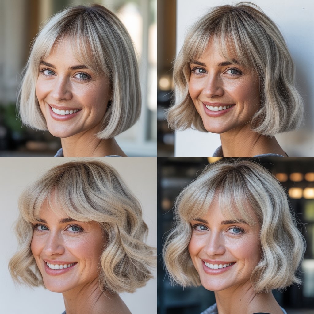 Silver Blonde Bob with Deep Side Part and Bangs