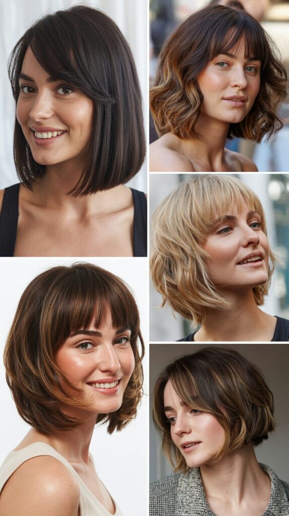 36 Easy-Styling Bob Haircuts With Long Bangs for Busy Days 31 Structured Bob With Long Soft Bangs