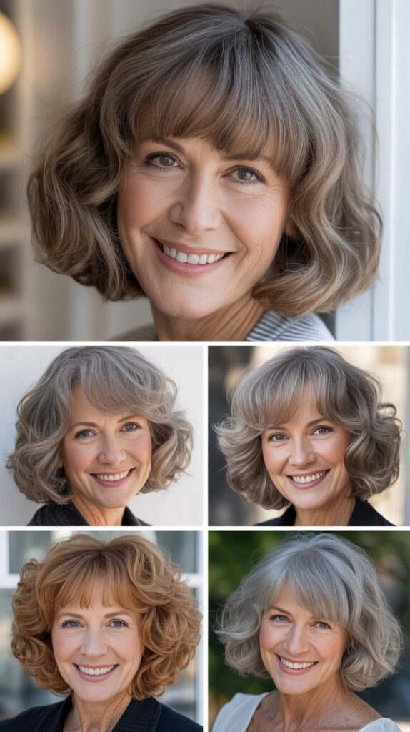 41 Modern Sassy Medium-Length Hairstyles for Older Women to Try Now 21 Wavy Bob with Curtain Bangs