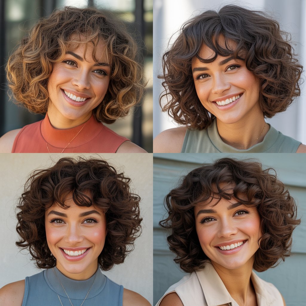 Curly Bob with Side-Parted Bangs