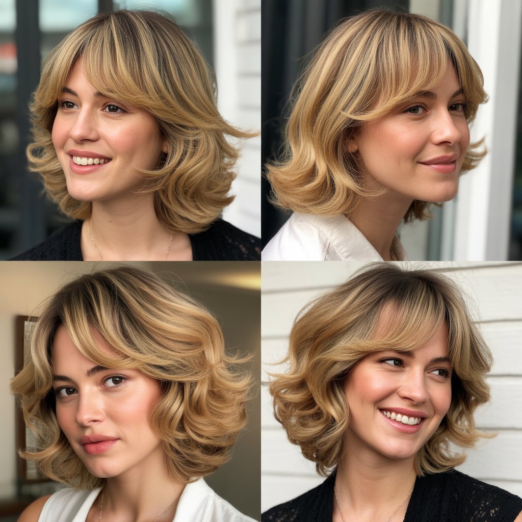 Honey Blonde Shag with Curtain Bangs