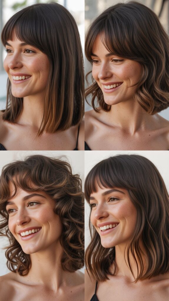  Soft Lob with Brow-Skimming Bangs