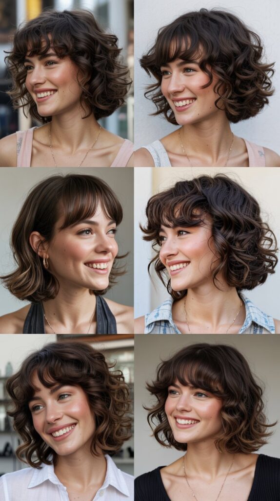36 Easy-Styling Bob Haircuts With Long Bangs for Busy Days 9 Curly Bob With Long Bangs