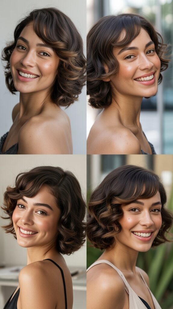 27 Best Medium Haircuts With Bangs That Instantly Transform Your Look 4 Shoulder-Length Waves with Side-Swept Bangs