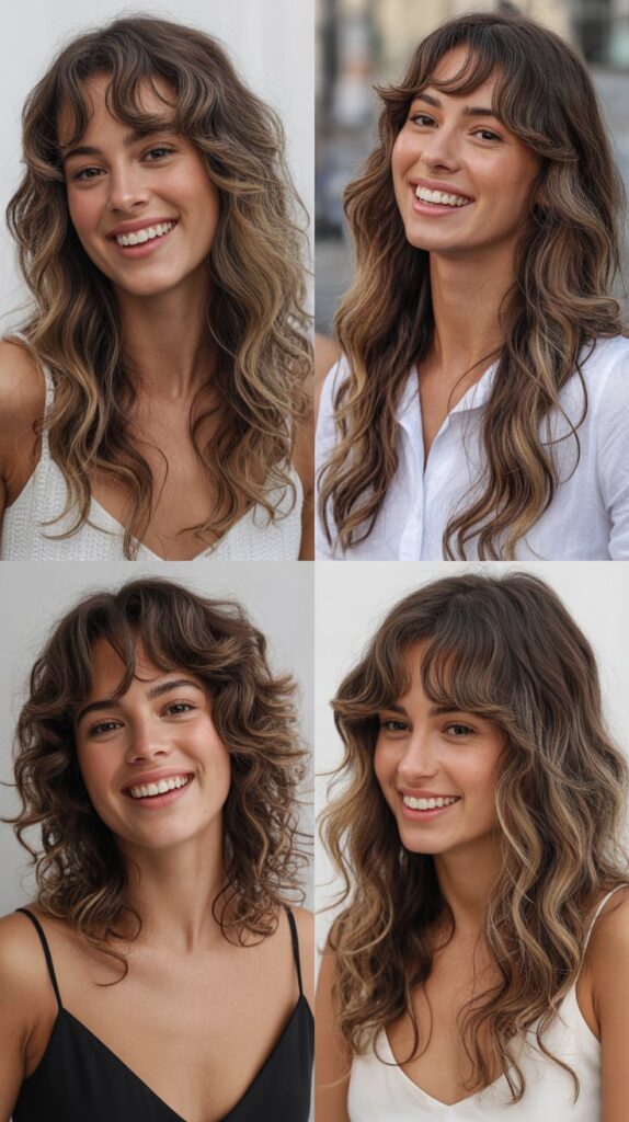 27 Best Medium Haircuts With Bangs That Instantly Transform Your Look 8 Beachy Waves with Long Curtain Bangs