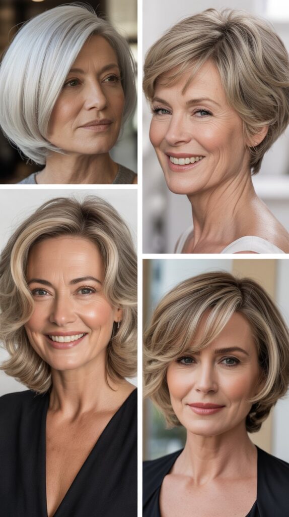 37 Fresh Short Bob Ideas for Women 50+ with Delicate Hair 34 a smailing women with " Sleek Bob with Glass Hair Finish"different hairstyles 4 image collage for 50 over women