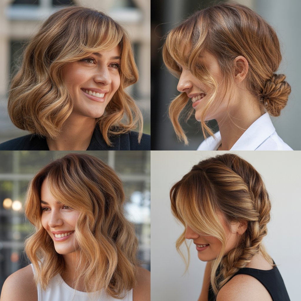 Caramel Blonde Waves with Side-Swept Bangs