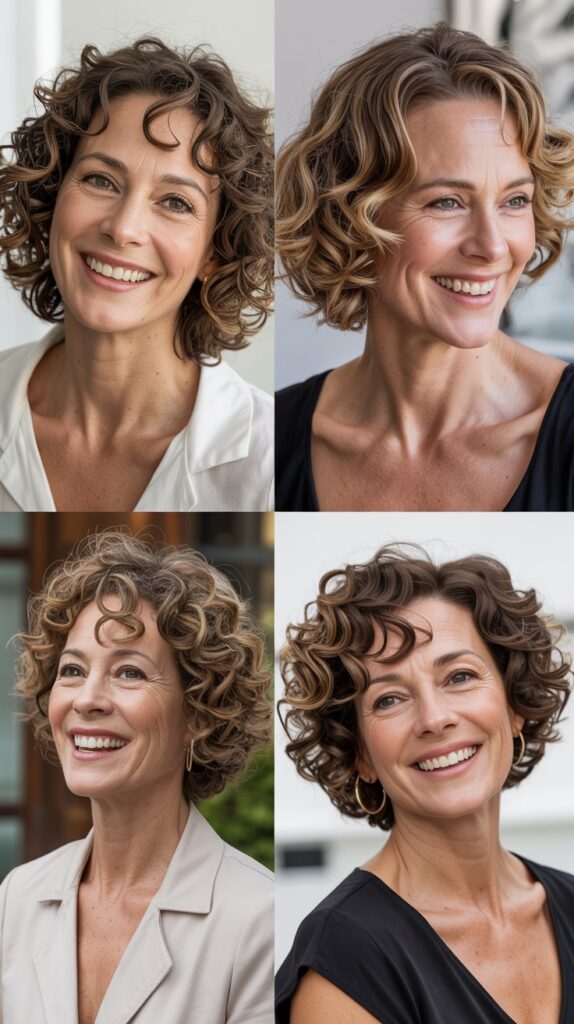 42 Soft and Elegant Bob Styles for Fine, Thin Hair After 50 12 a smiling woman with ''Curly Bob '' different natural hairstyles look 4 image collage for Women Over 50