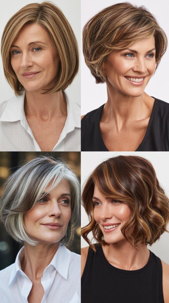 42 Soft and Elegant Bob Styles for Fine, Thin Hair After 50 26 a smiling woman with '' Bob with Dimensional Color ''different hairstyles look 4 image collage for woman over 50