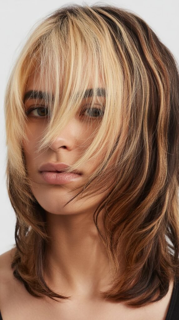 Shag With Money Piece Highlights and Bangs