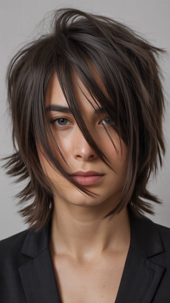 Asymmetrical Shag With Diagonal Bangs