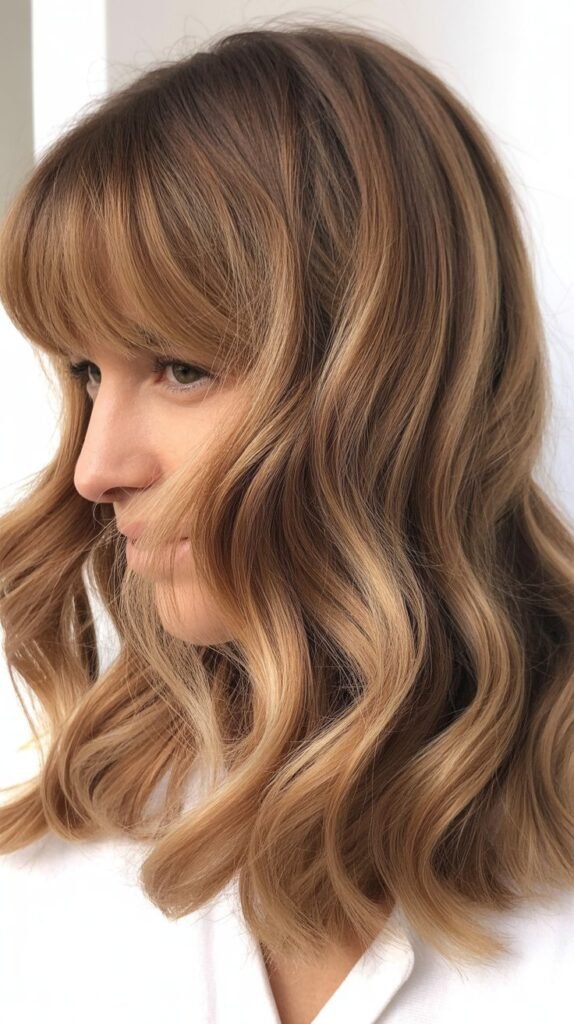 Medium Wavy Hair With Curtain Bangs And Highlights