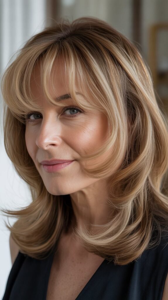 Face-Framing Curtain Bangs with Highlights