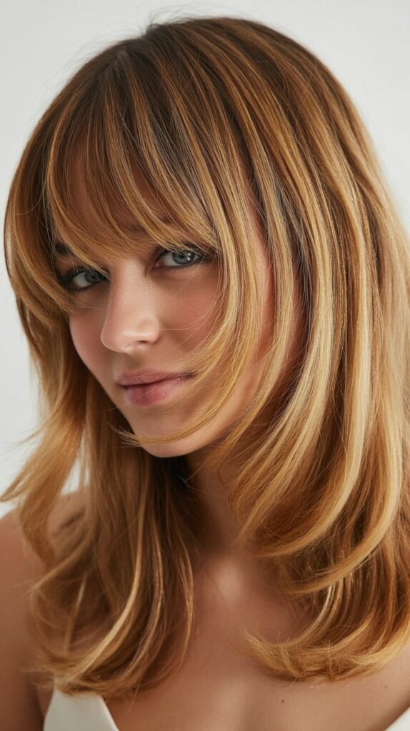 Honey Blonde Highlights with Curtain Bangs