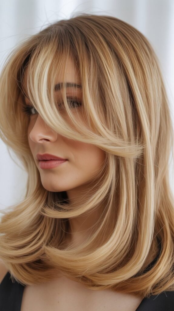 Classic Curtain Bangs with Buttery Blonde Lob