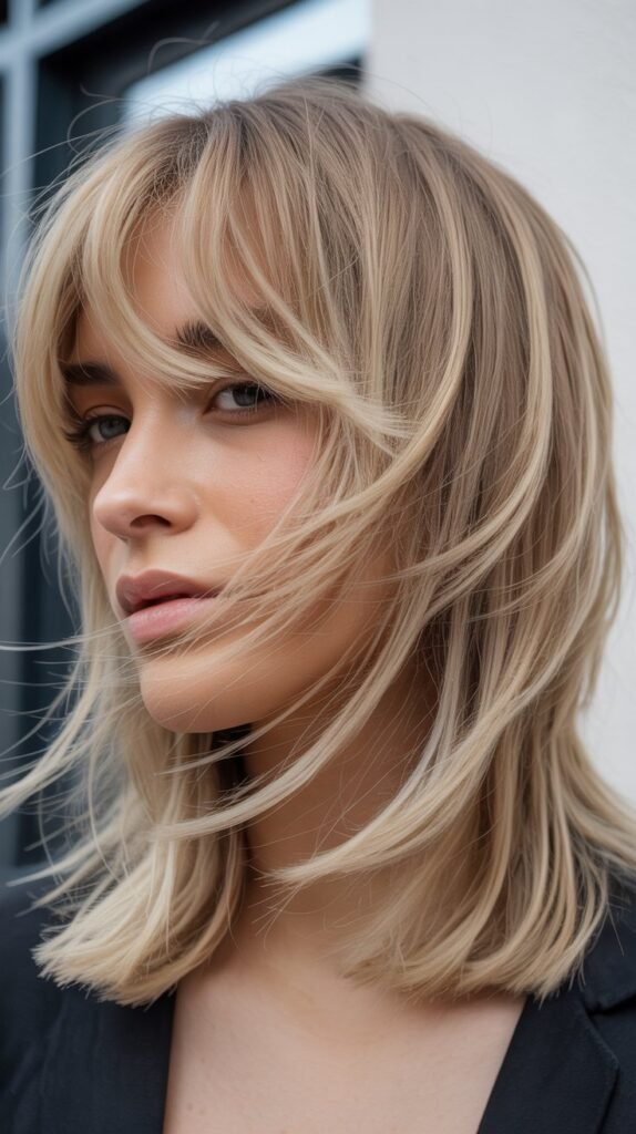 Feathered Bangs with Blonde Shag Haircut